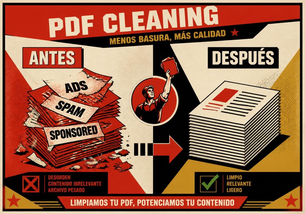 Cartel PDF Cleaner: PDF antes con anuncios vs después limpio
