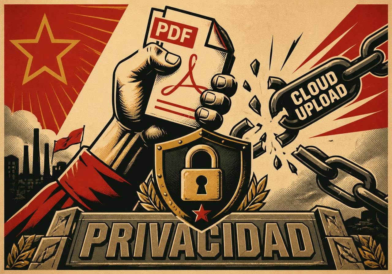 Cartel Privacidad: puño protegiendo un PDF, cadena rota que dice cloud upload